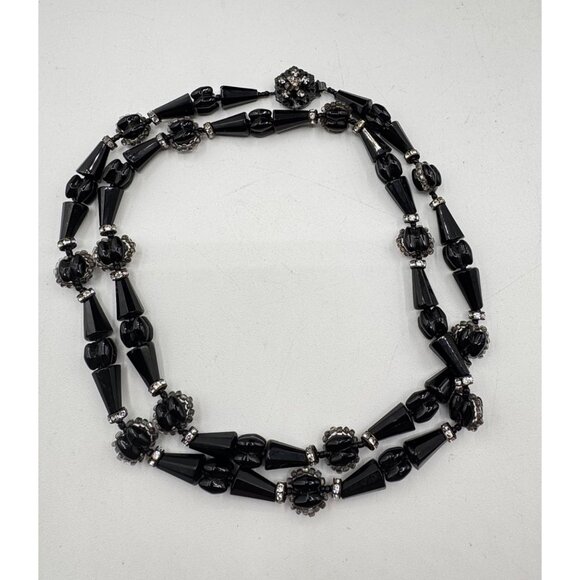Vintage Miriam Haskell Mourning Black Glass And Rhinestone Necklace - Picture 4 of 7